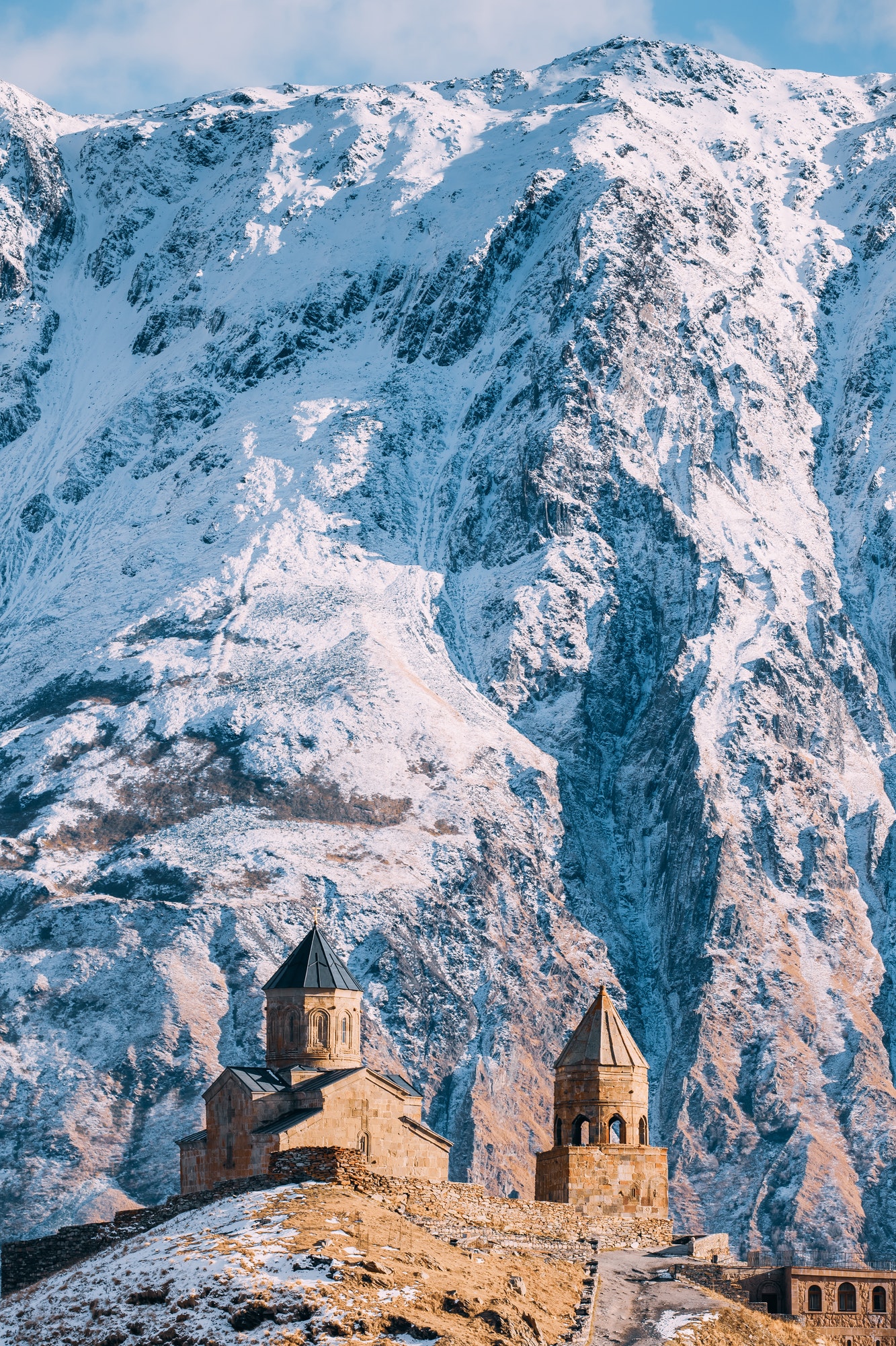 Stepantsminda, Georgia. Famous Gergeti Trinity Tsminda Sameba Ch